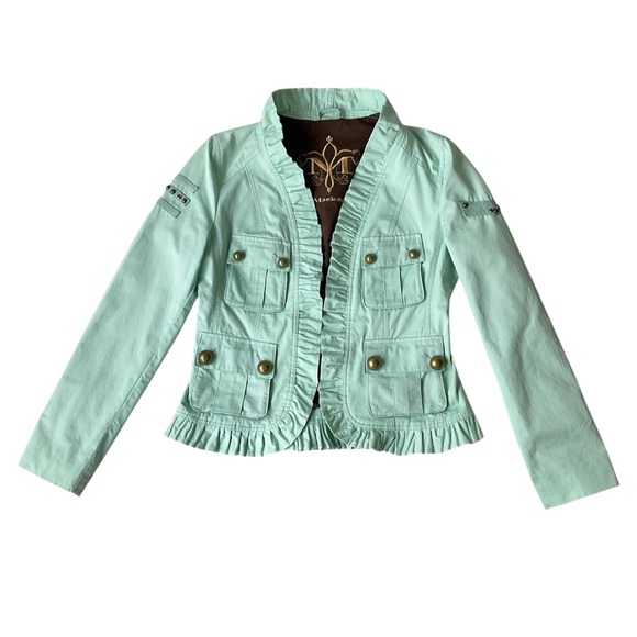 Mackage Ruffled Trim Military Style Utility Jacket in Mint Green Size M - Picture 2 of 14